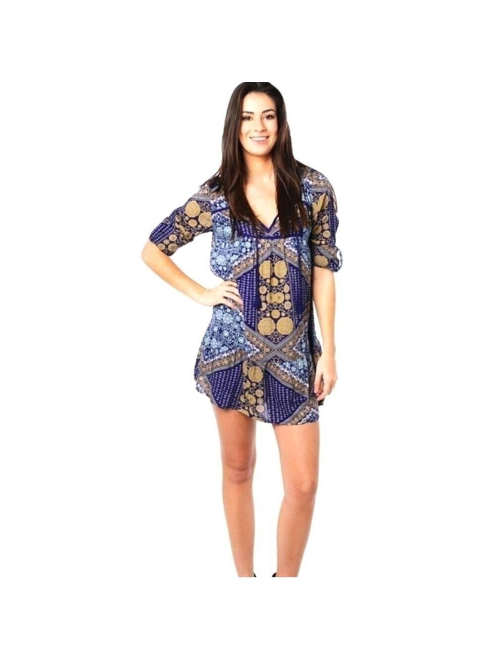 Roxy Lucky Blue bohemian mini dress, size Large
